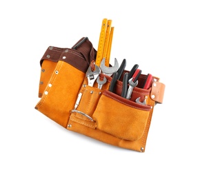 Photo of Leather belt with construction tools on white background, top view