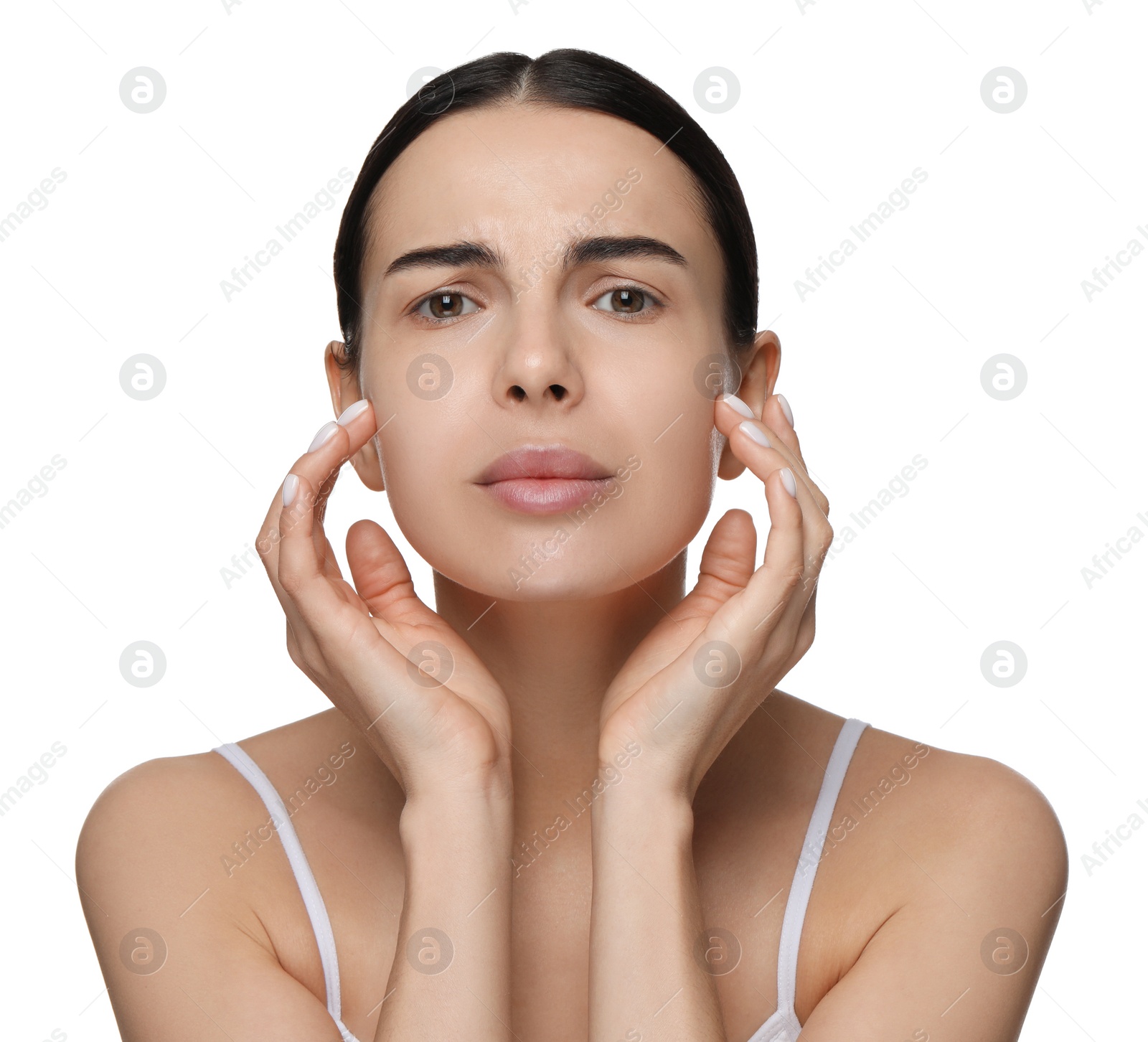 Photo of Young woman with dry skin on white background