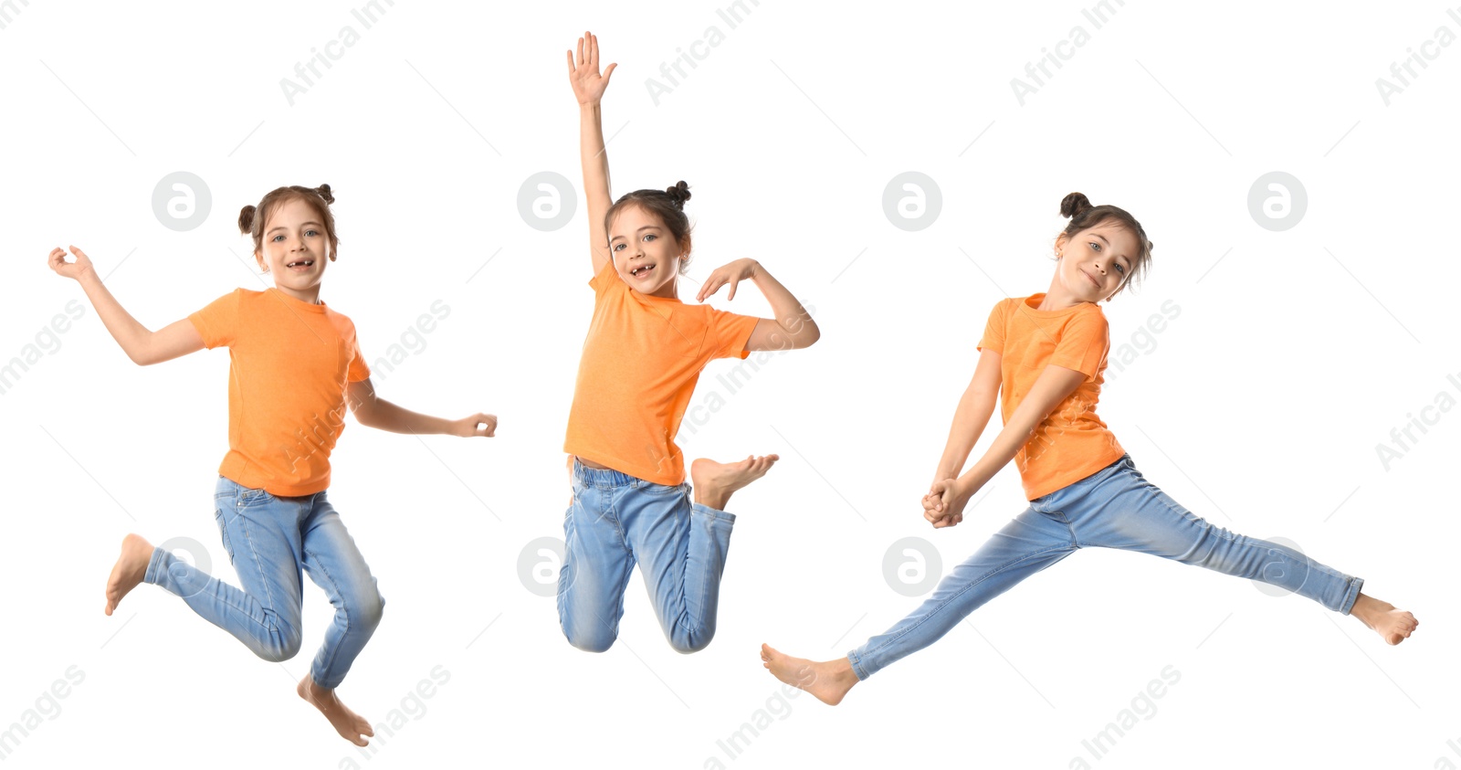 Image of Cute little girl jumping on white background, collage. Banner design