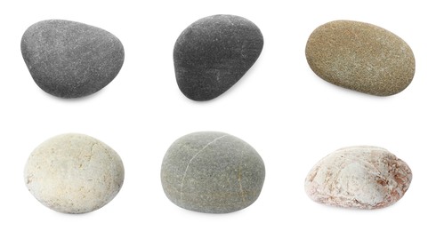 Image of Sea pebbles. Different stones isolated on white, set