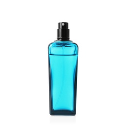 Transparent bottle of perfume on white background