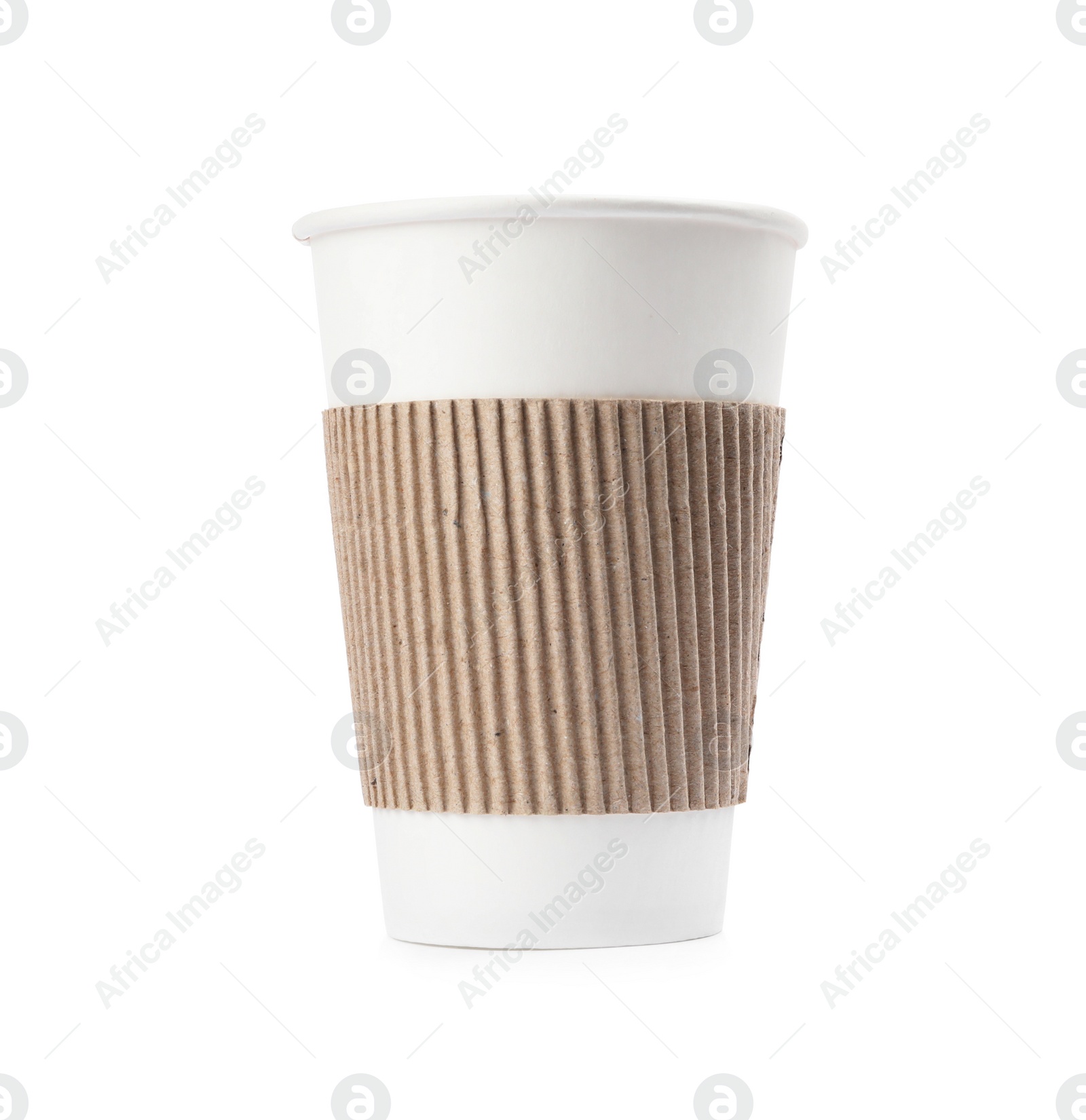 Photo of Takeaway paper coffee cup with cardboard sleeve isolated on white