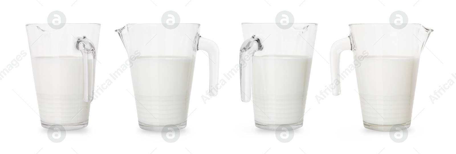 Image of Fresh milk in jug isolated on white, set