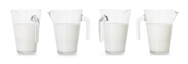 Image of Fresh milk in jug isolated on white, set