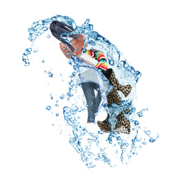 Image of Water splash with different clothes isolated on white