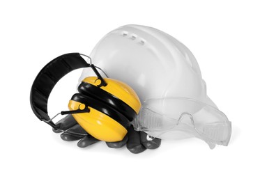 Photo of Hard hat, earmuffs, gloves and goggles isolated on white. Safety equipment