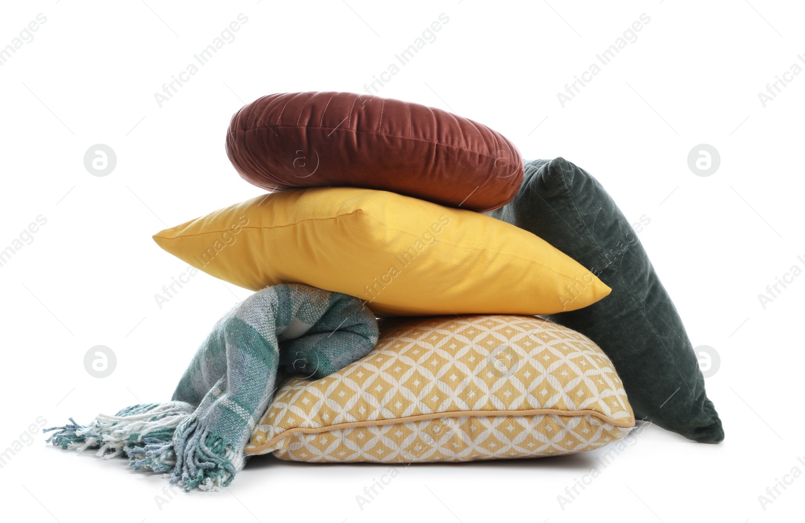 Photo of Stylish soft pillows and blanket on white background