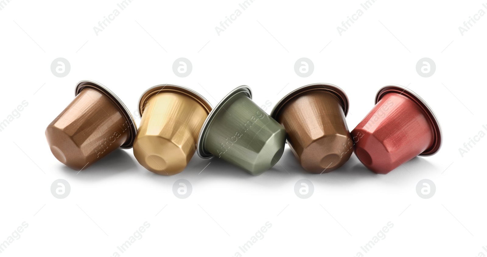 Photo of Many plastic coffee capsules isolated on white