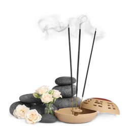 Photo of Composition with smoldering incense sticks, roses and spa stones on white background