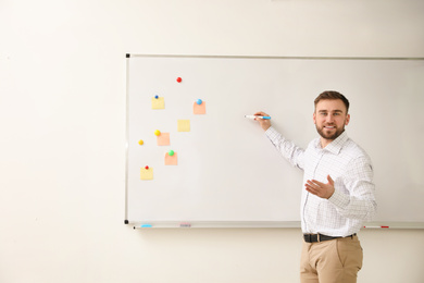 Portrait of young teacher writing on whiteboard in classroom