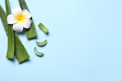 Cut aloe vera leaves and plumeria flower on light blue background, flat lay. Space for text