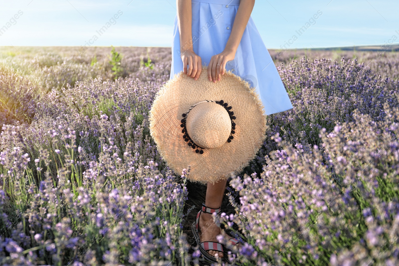 Photo of Young woman with hat in lavender field on summer day, closeup