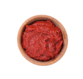 Wooden bowl of tasty tomato paste isolated on white, top view