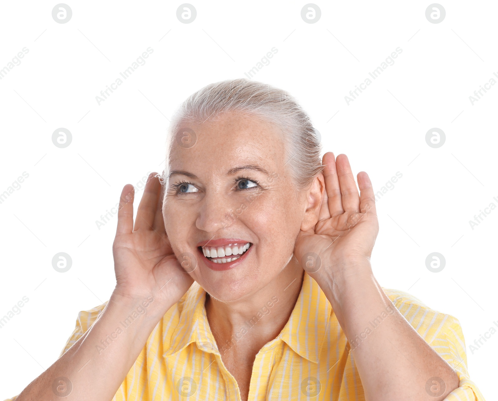 Photo of Mature woman with hearing problem on white background