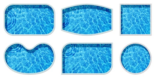 Set with swimming pools of different shapes on white background, top view. Banner design