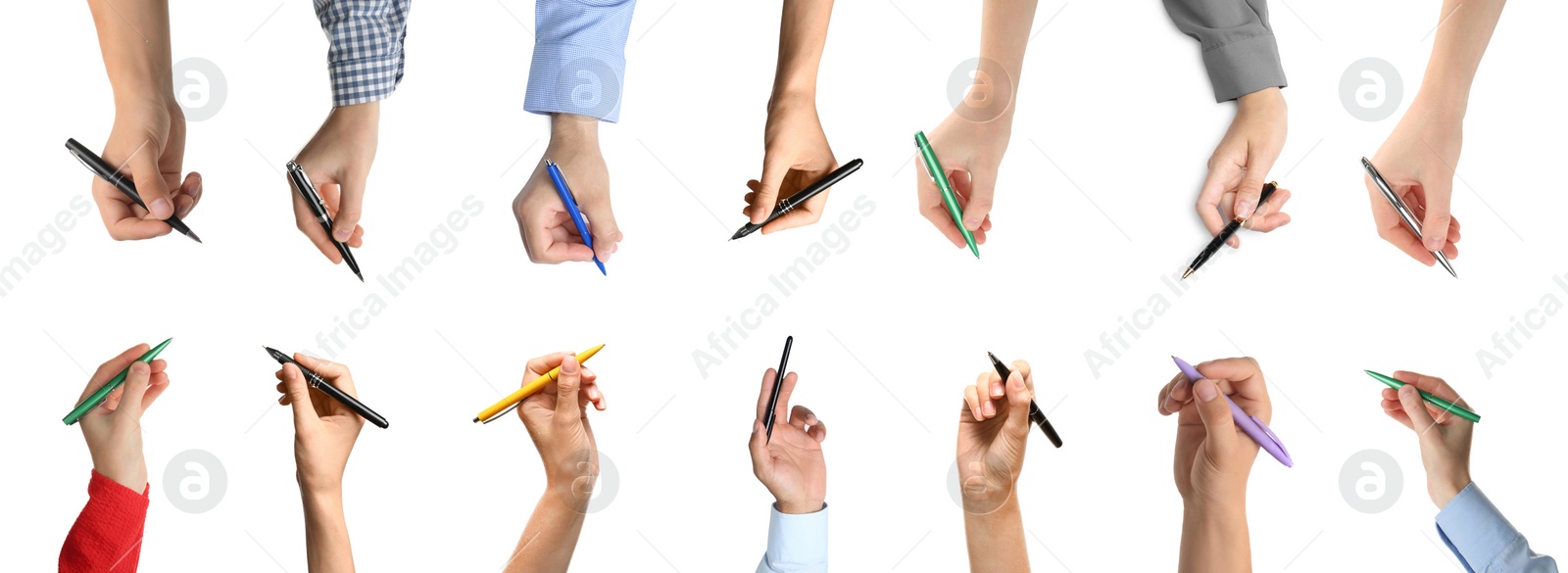 Image of Collage with photos of people holding pens on white background. Banner design