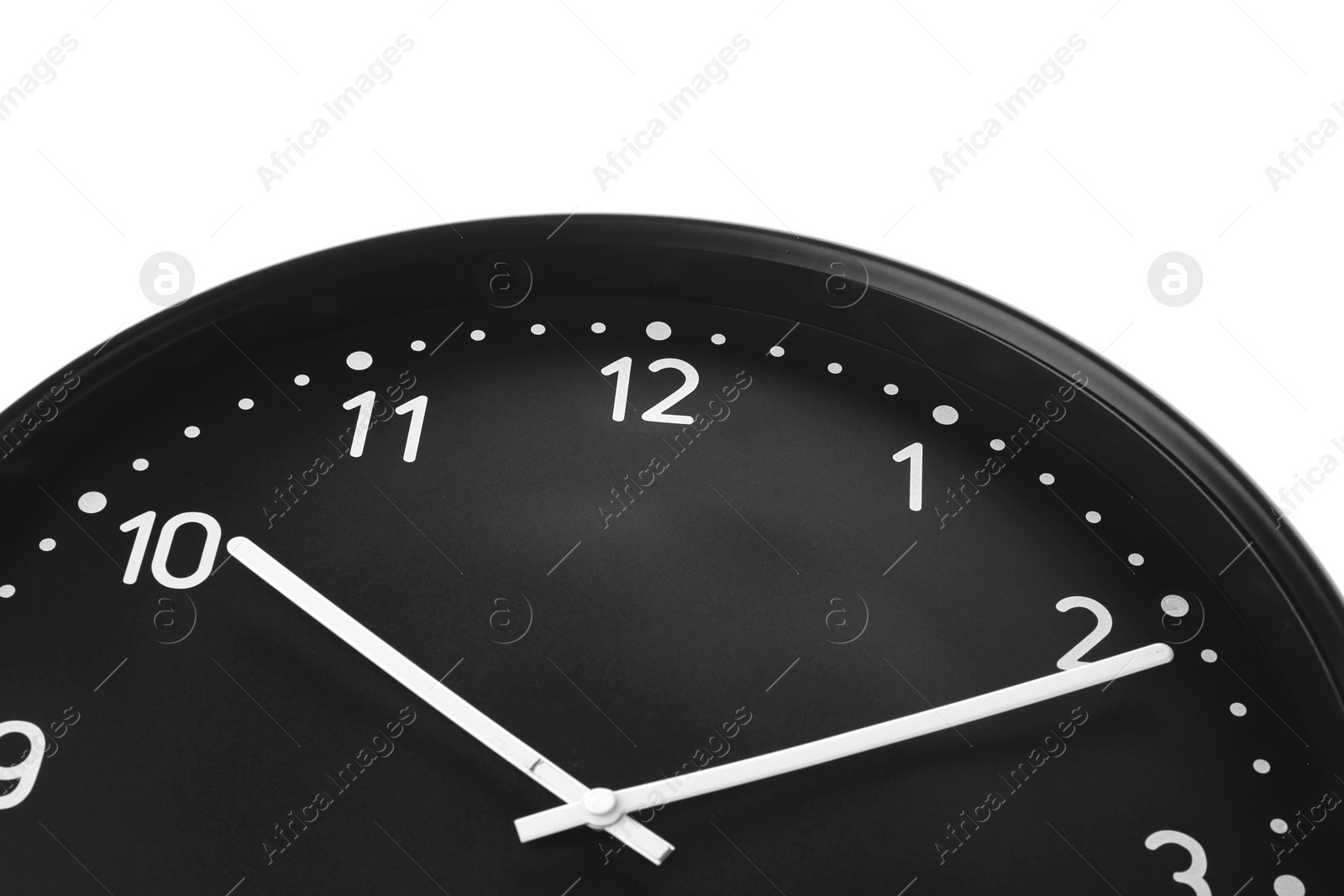 Photo of Big black clock on white background. Time change concept