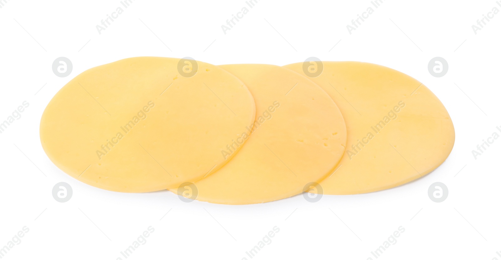 Photo of Slices of tasty fresh cheese isolated on white