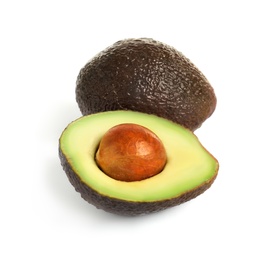 Ripe fresh avocados on white background