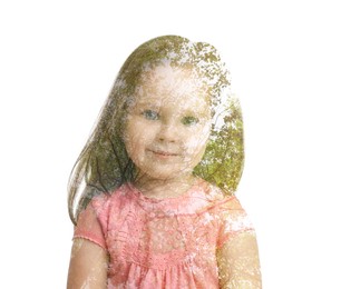 Double exposure of cute little girl and green trees on white background