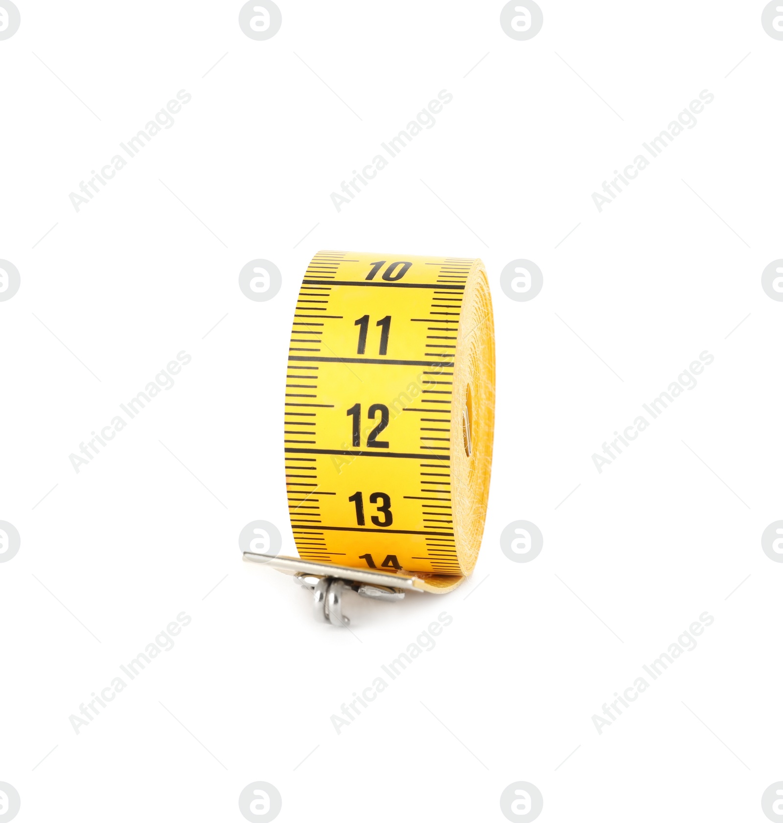 Photo of Yellow rolled measuring tape isolated on white