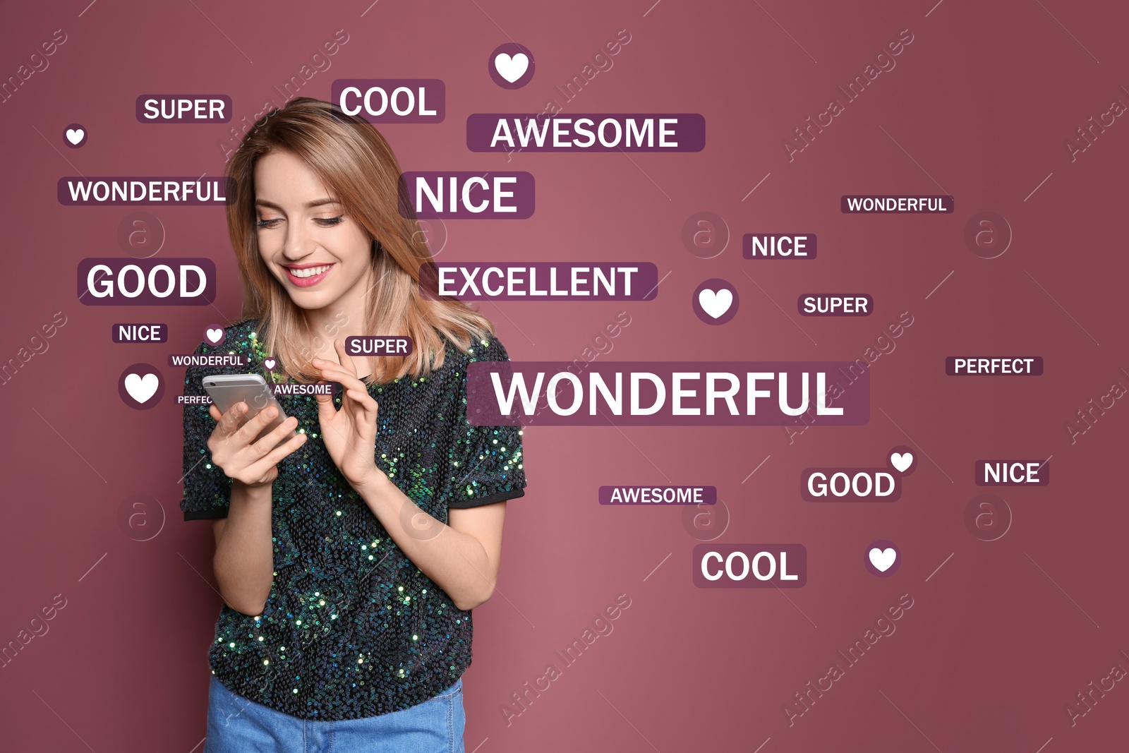 Image of Woman using smartphone to give feedback on color background. Customer review