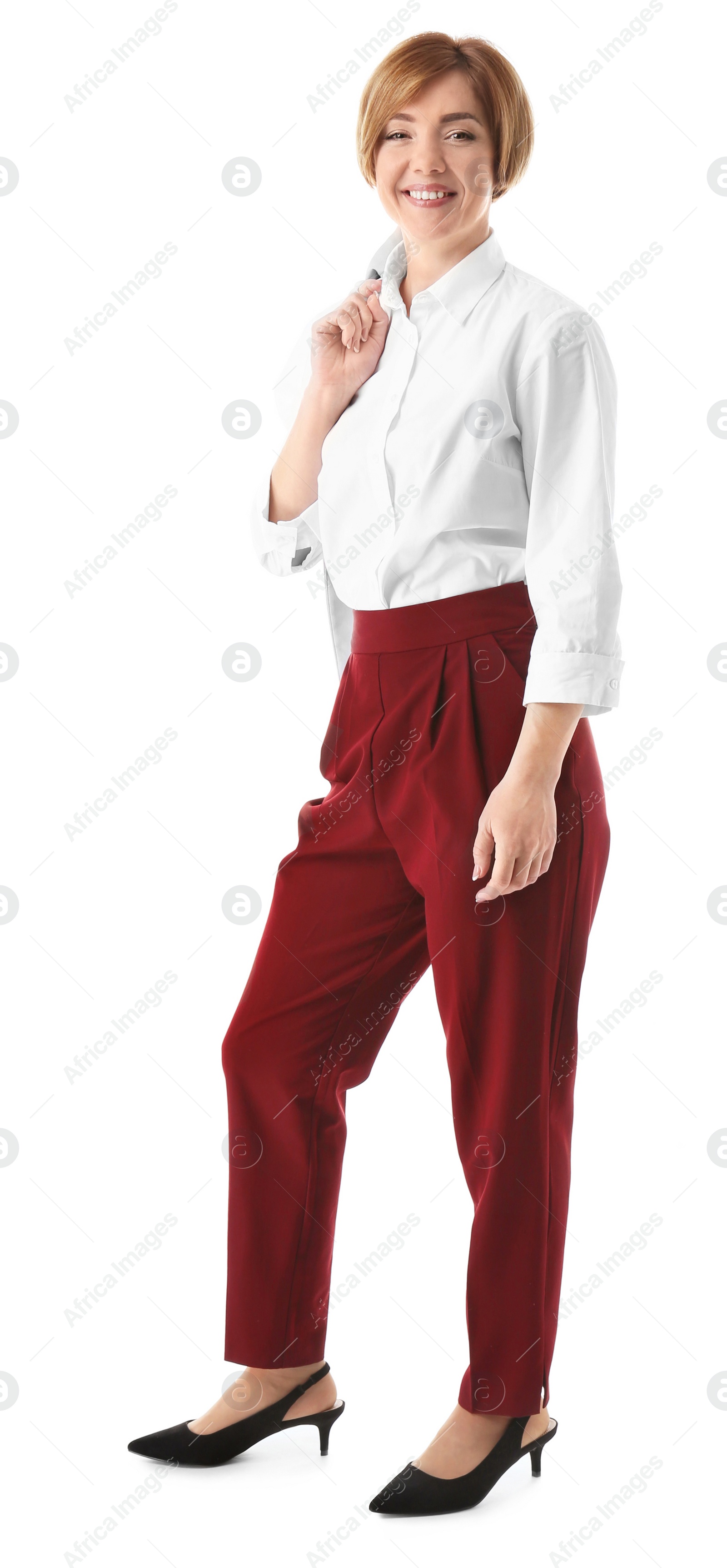 Photo of Mature woman in stylish outfit on white background