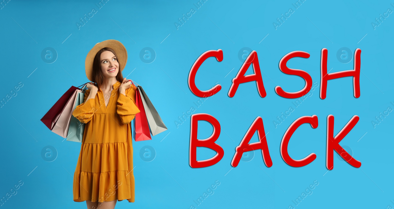 Image of Beautiful woman with paper shopping bags and words Cash Back on light blue background. Banner design