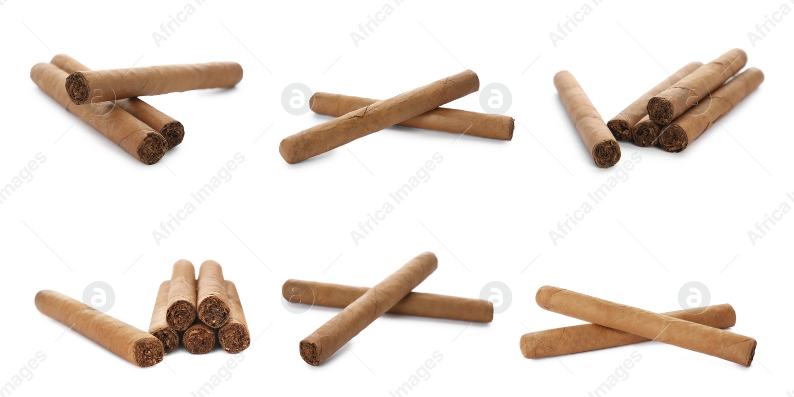 Image of Set of cigars wrapped in tobacco leaves on white background. Banner design