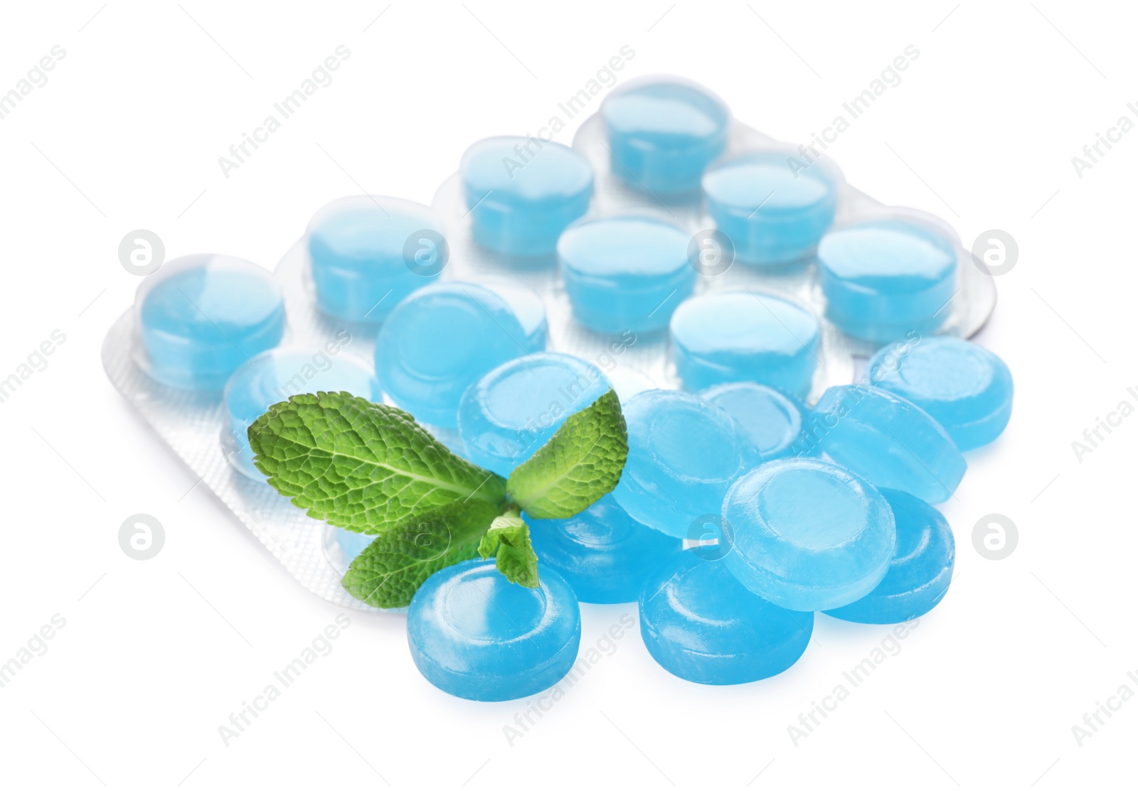 Photo of Many light blue cough drops with mint on white background