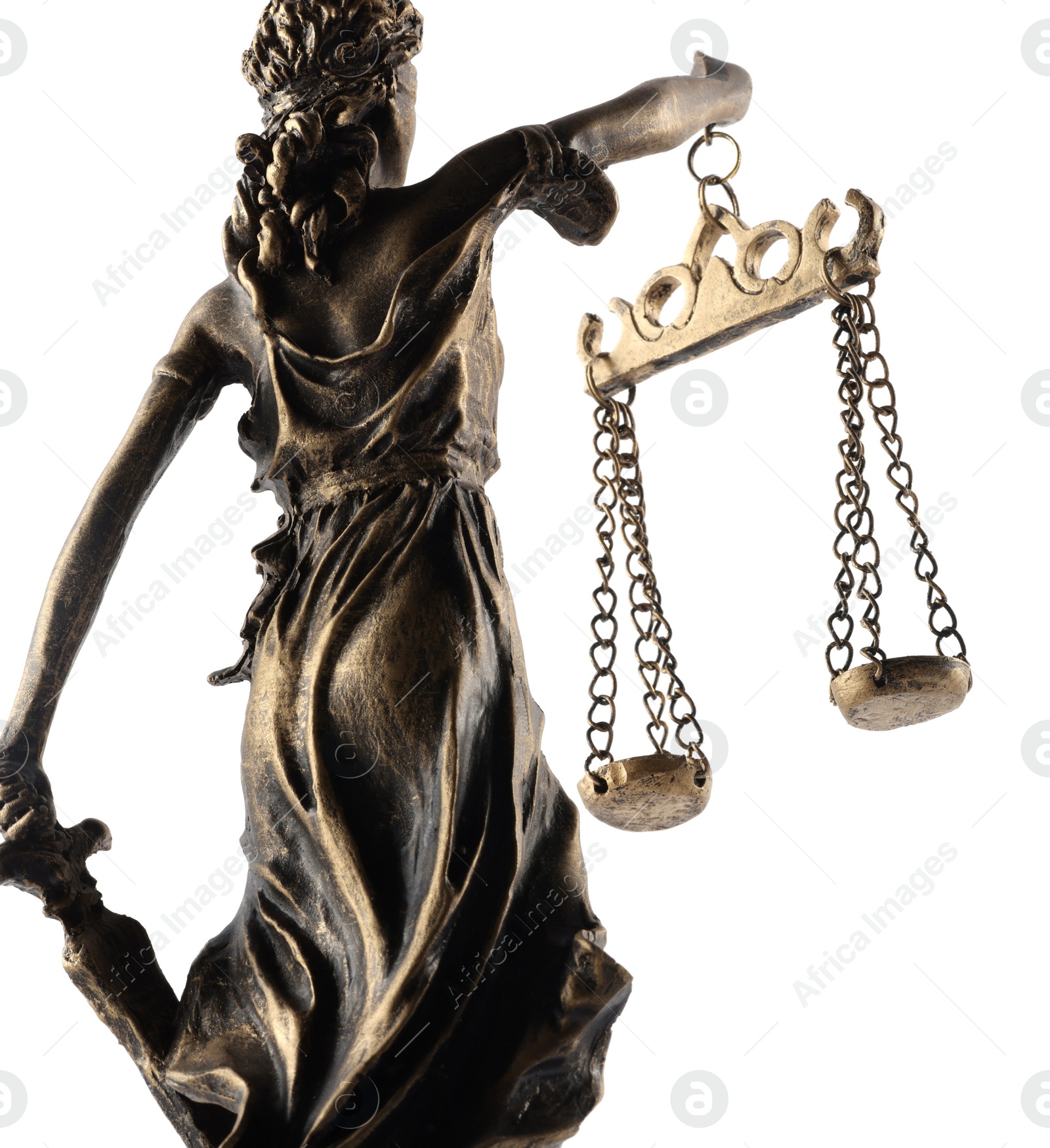 Photo of Statue of Lady Justice isolated on white, back view. Symbol of fair treatment under law