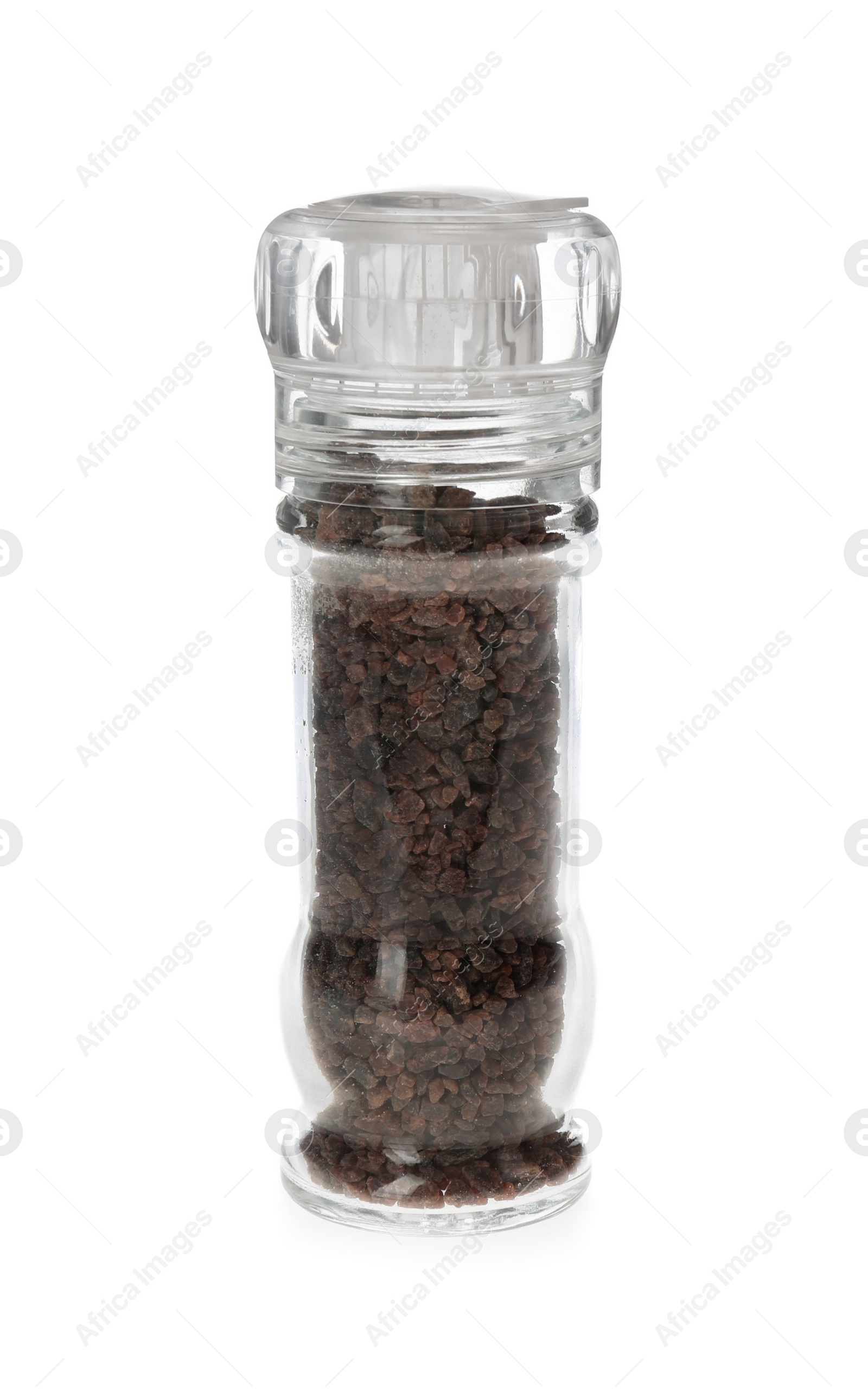 Photo of Black salt in grinder isolated on white