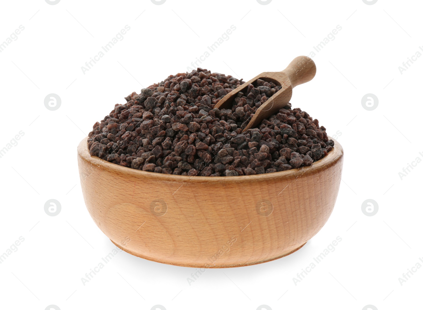 Photo of Black salt in wooden bowl with scoop isolated on white