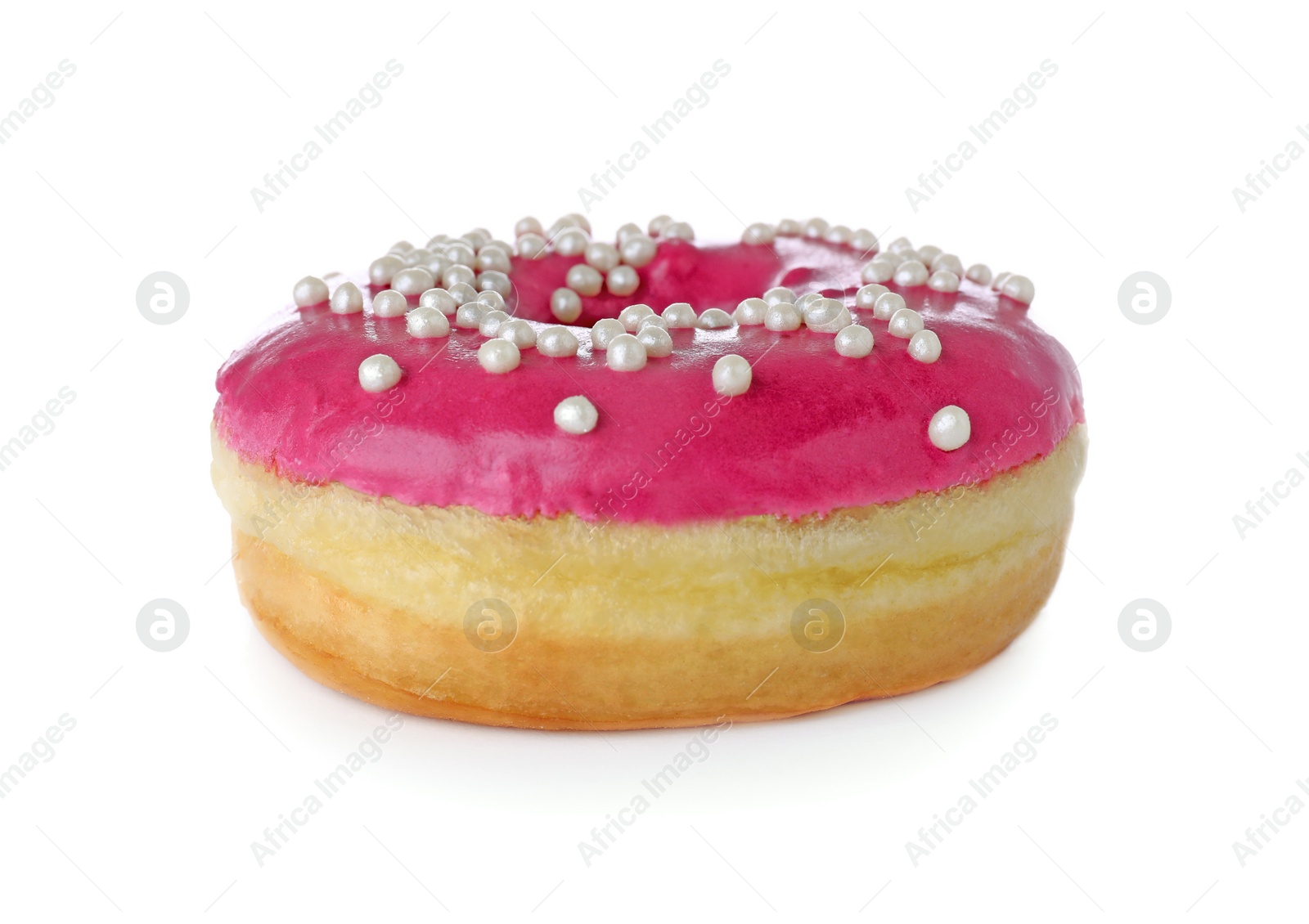Photo of Tasty glazed donut with sprinkles isolated on white