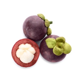 Photo of Fresh mangosteen fruits on white background, top view