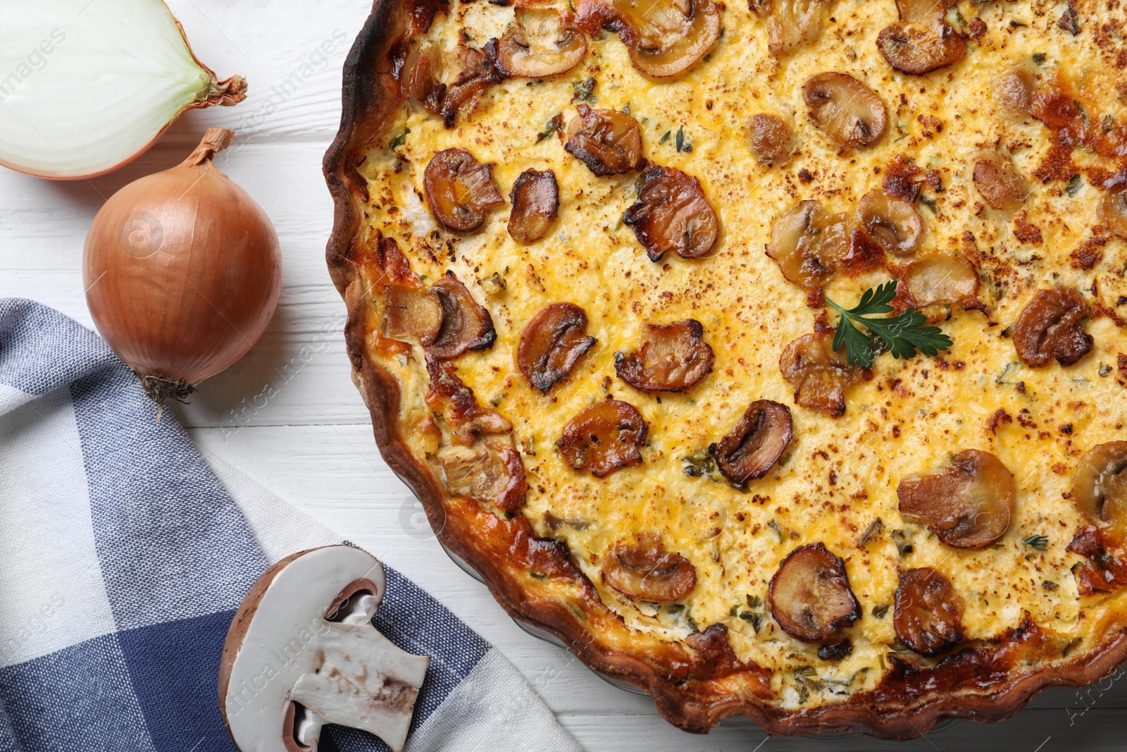 Photo of Flat lay composition with delicious homemade mushroom pie on white wooden table