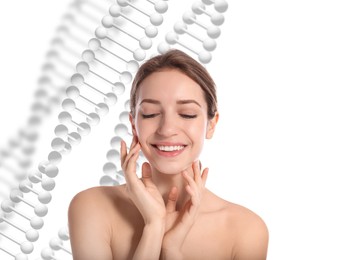 Image of Beautiful young woman against light background with illustration of DNA chains