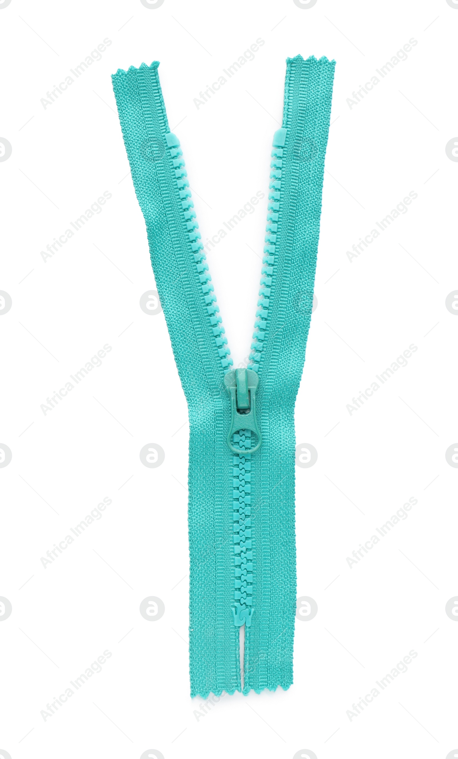 Photo of Turquoise zipper isolated on white, top view