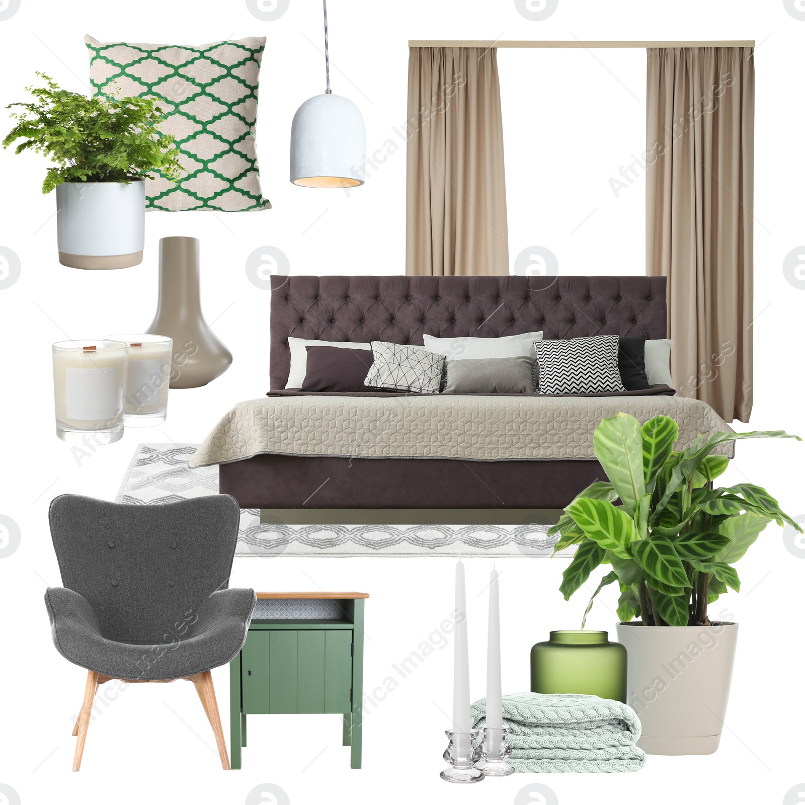 Image of Stylish bedroom interior with different decorative elements and furniture on white background. Mood board collage