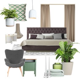 Image of Stylish bedroom interior with different decorative elements and furniture on white background. Mood board collage