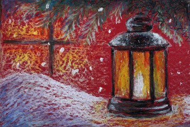 Photo of Pastel drawing of burning lantern on snow near window