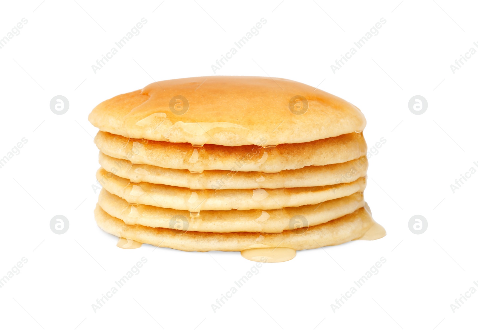 Photo of Stack of tasty pancakes with honey isolated on white