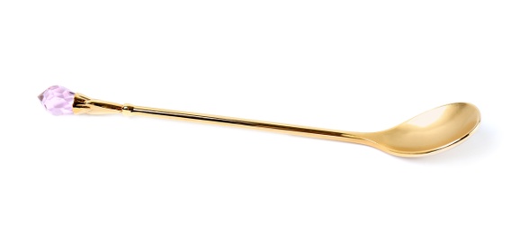 Photo of Stylish clean gold spoon on white background