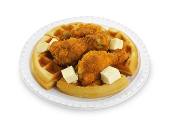 Delicious Belgium waffles with fried chicken and butter isolated on white