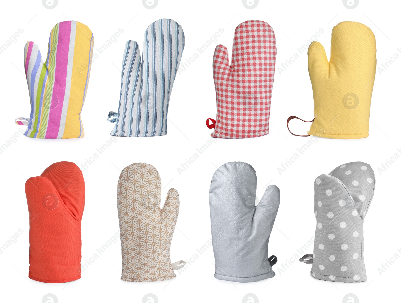 Image of Set with different oven gloves on white background 