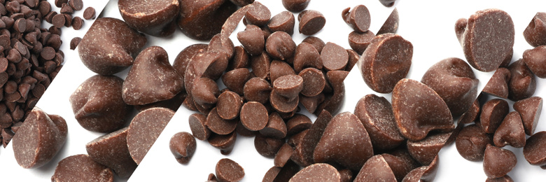 Collage of tasty chocolate chips on white background, top view