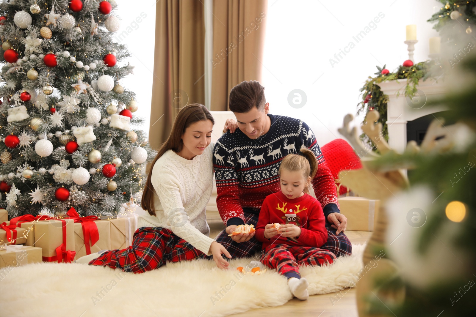 Photo of Family with little daughter peeling tangerines in room decorated for Christmas