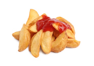 Photo of Delicious baked potato wedges with ketchup on white background