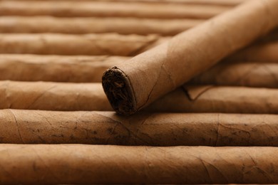 Photo of Many cigars wrapped in tobacco leaves as background, closeup