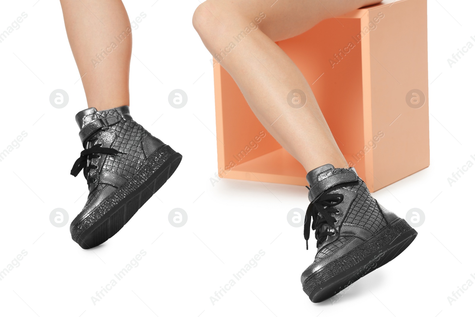 Photo of Woman in stylish shoes on white background, closeup